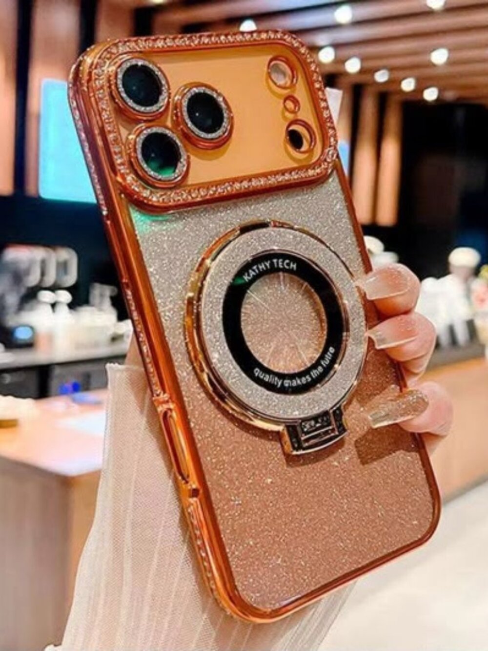Luxury Orange Glitter iPhone Case with Ring Stand & Camera Protection
